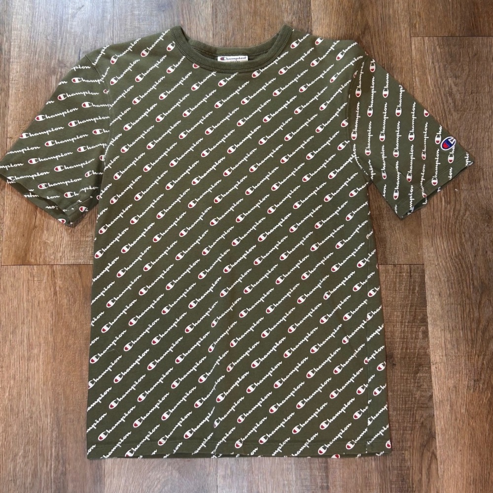 Champion Heritage All Over Print Logo T-Shirt Olive Green Mens Small S Cotton